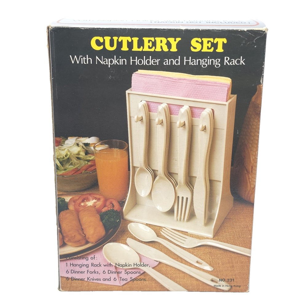 Vtg 1970s Hanging Cutlery Set Napkin Holder Tree Caddy Bistro Menagere Style Box